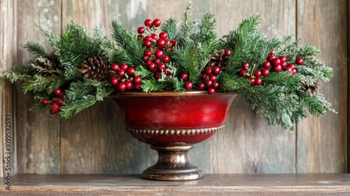 Festive Christmas arrangement in red bowl with berries and pine photo