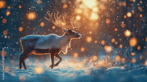 Snow-covered reindeer in motion under falling snowflakes, illuminated by soft glowing bokeh lights in a magical winter night scene photo