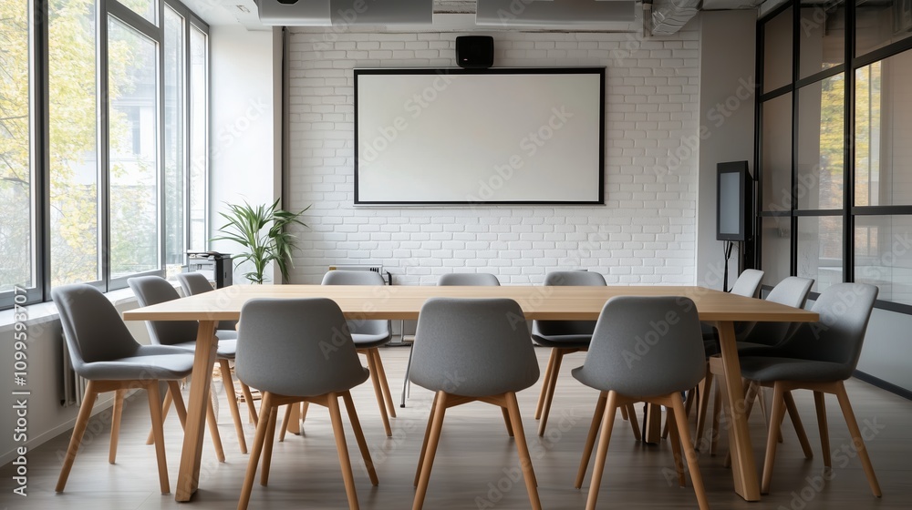 Fototapeta premium A long wooden conference table sits in a bright, minimalist room with gray fabric chairs
