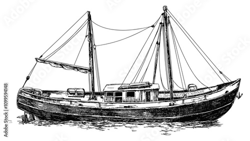 Barque Detailed Vintage Engraving Illustration on White Background with Intricate Texture Classic Sailing Vessel Art Antique Style Maritime Ship Graphic Vintage Nautical Design
