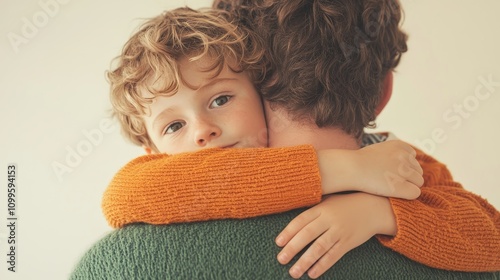 A young child lovingly embraces an adult, wearing cozy sweaters, symbolizing warmth, affection, and family bonds.