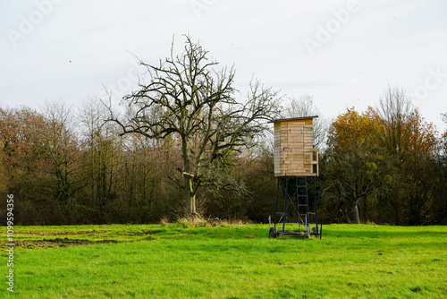 A green field with a wooden hunting blind on a trailer and a large, leafless tree nearby