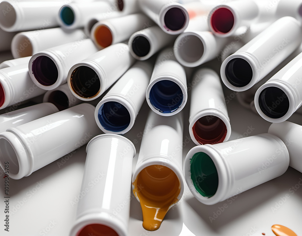 Fototapeta premium A closeup of acrylic paint tubes scattered on a white surface Generative AI