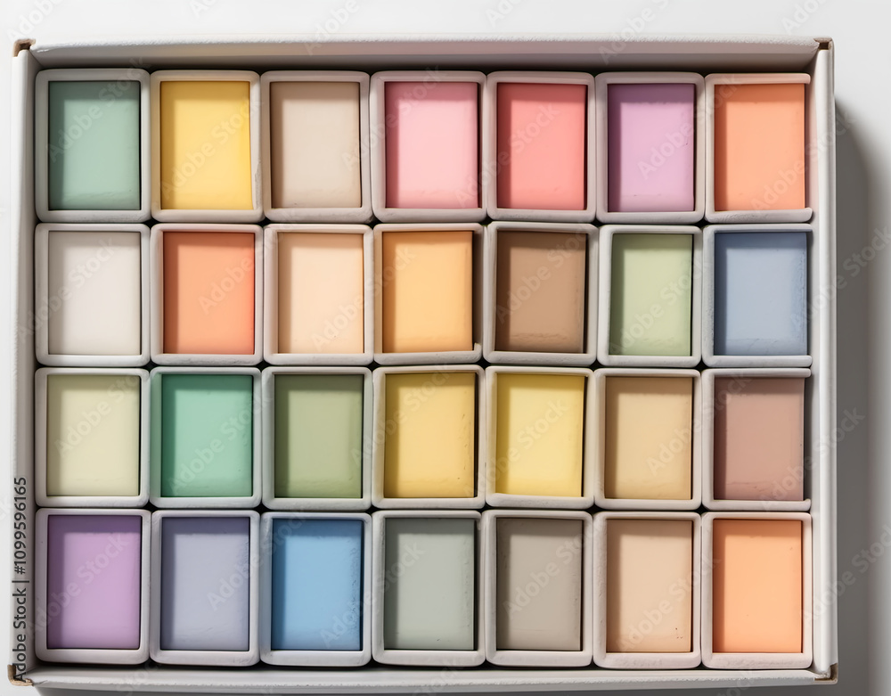 Fototapeta premium A box of unopened soft pastels in various shades, neatly aligned on a white surface Generative AI