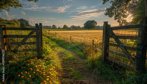 A peaceful countryside scene with lush fields, overgrown grass, and a rustic wooden fence casting long shadows in the golden hour light. photo