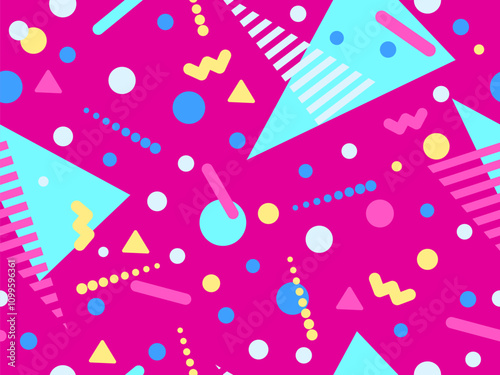 Geometric seamless pattern with memphis elements in 80s style. Colorful geometric pattern. Design of promotional products, wrapping paper and printing. Vector illustration