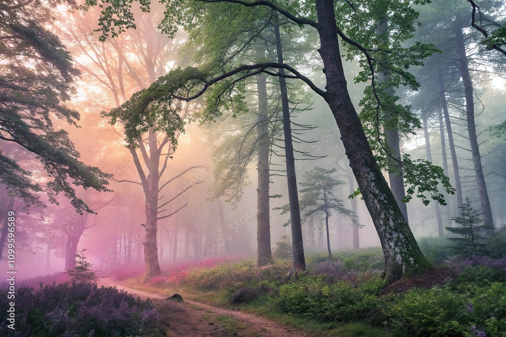 Fototapeta premium Pastel hues of colorful mist dance across the forest floor on a serene morning surrounded by towering trees with leaves still wet from dew, forest, colorful mist, dew, morning
