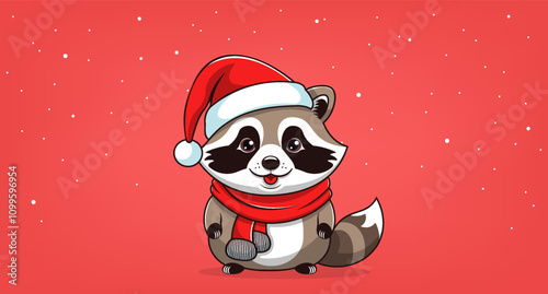 Vector funny cute chubby fat cartoon sitting raccoon in red scarf and Santa Claus hat. Merry Christmas and Happy New Year. Festive cheerful funny plump coon.