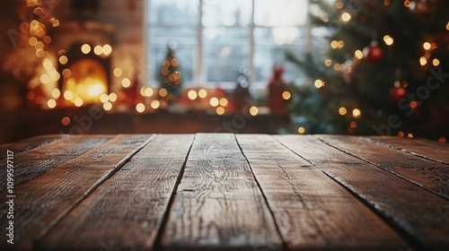 Wooden table with blurred Christmas scene in background photo
