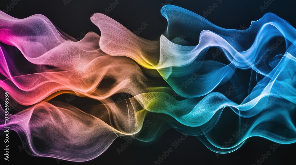 Obraz premium A detailed shot of a spectrum of colorful, abstract waves blending together against a dark background, Representing the harmonious blend and flow of diverse ideas and experiences