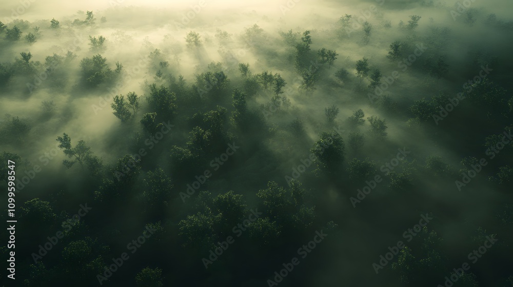 Fototapeta premium Aerial View of a Foggy Forest in Morning Sunlight