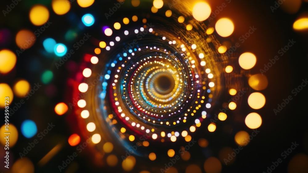 Naklejka premium A detailed shot of a spiral of multicolored lights blending into a single point, Symbolizing the convergence of diverse ideas and perspectives, minimalist style