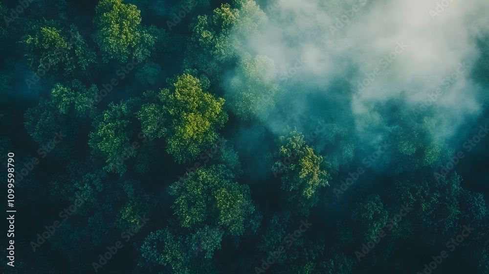 Fototapeta premium Aerial View of Foggy Forest Lush Green Canopy