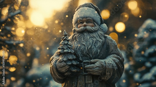 Snow Covered Santa Holds Christmas Tree Figurine