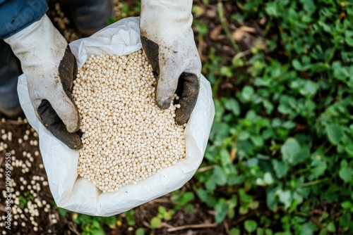 Nitrate: Person Holding Ammonium Nitrate Pellets in Gloves for Gardening Practice photo