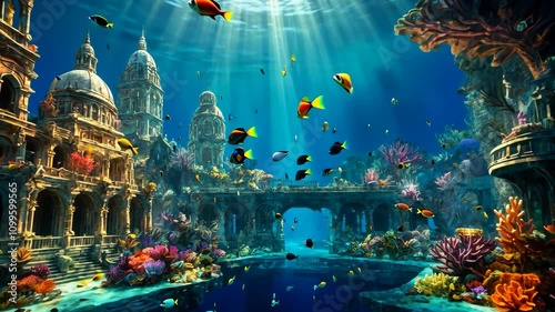 Video footage of vibrant underwater scene featuring colorful fish swimming around ancient, submerged ruins, illuminated by sunlight filtering through the water