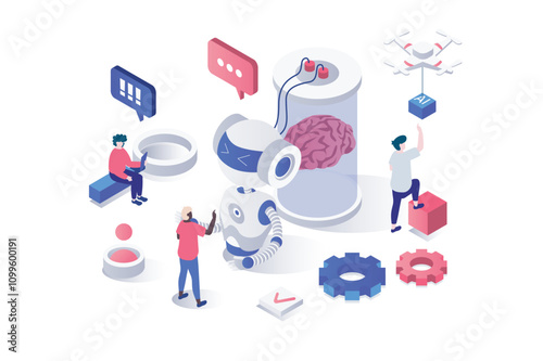 Artificial intelligence 3d isometric concept in geometry graphic design for web. People working with AI and robots technology, creating brain neural network and machine learning. Vector illustration.