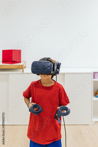 Child patient using virtual reality glasses during vision therapy session photo