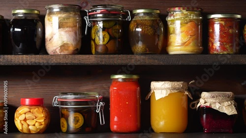 Many canned food in glass jars on wooden shelves in the cellar for winter consumption, close up. Food preservation. Colorful pickled and fermented jars of vegetables, honey, jam and other products