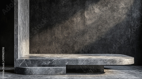 3D product table in an empty studio against a black wall. Podium for presentation. Concrete dark surface marble luxury counter top mockup showcase illustration.