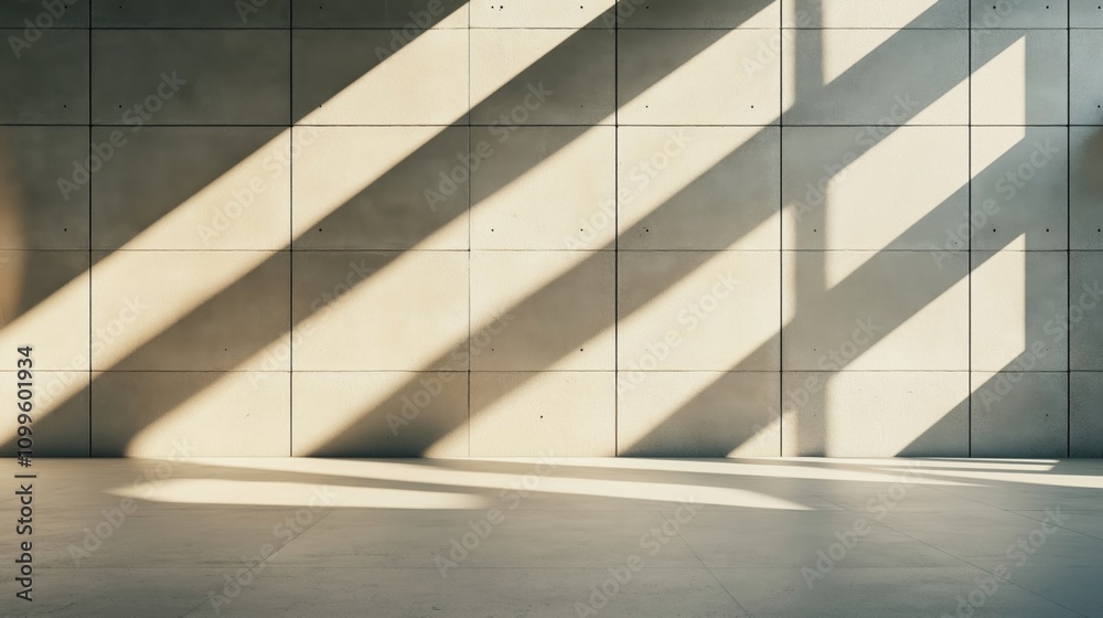 Obraz premium Concrete wall with large rectangular tiles featuring sunlight casting diagonal shadows on a smooth floor, creating a minimalistic abstract pattern in an empty interior space.