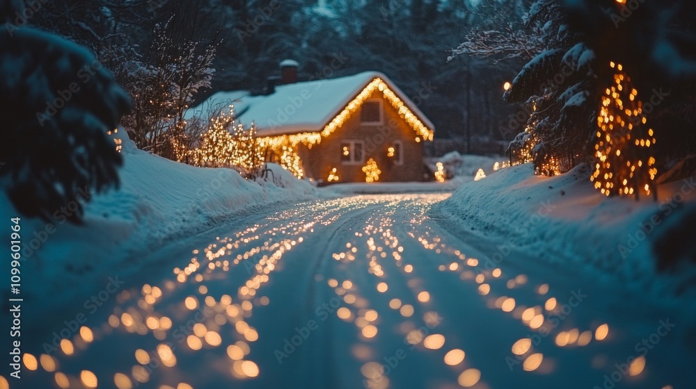 Fototapeta premium Snowy Winter Road Leads To Christmas House Lights
