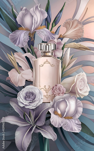 stunning  perfume bottle setting  around flowers against designed  background.  Digital artwork for design and marketing. Ai generated.