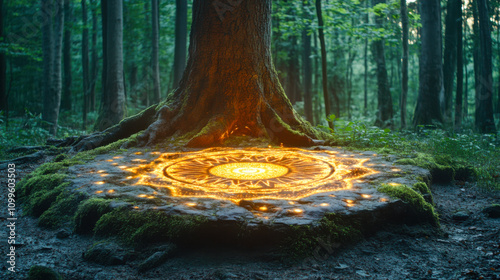 Glowing magical circle at tree base in mystical forest setting during daytime