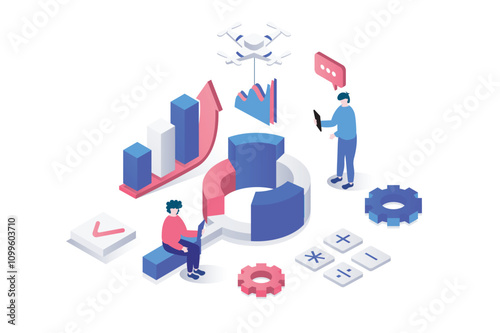 Data analysis 3d isometric concept in geometry graphic design for web. People making financial research, control and analyzing datum charts, searching information, accounting. Vector illustration.