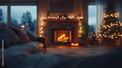 Cozy Winter Evening Fireplace Scene Christmas Tree