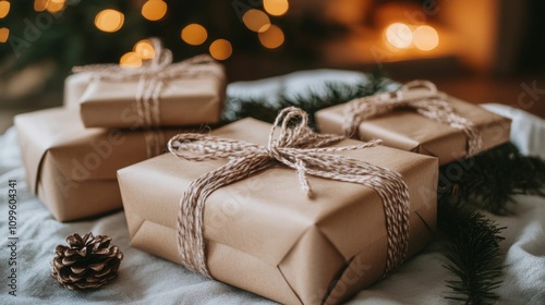 Rustic Brown Wrapped Christmas Presents Under Tree