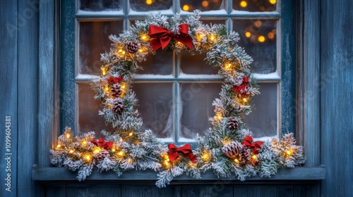 Festive Christmas Wreath Adorns Snowy Window Frame