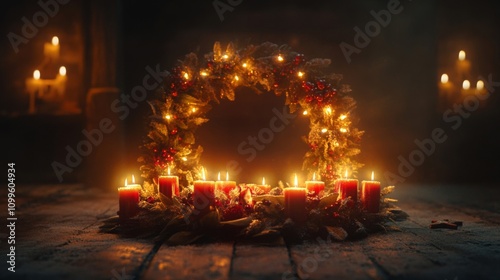 Illuminated Christmas Wreath With Burning Candles