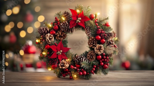 Festive Christmas Wreath with Lights and Poinsettias