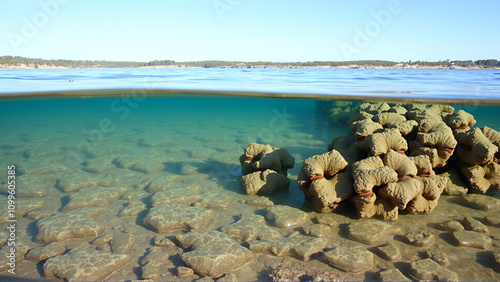 Rare colony of 6 kilometre long thrombolite living rocks calcium carbonate accreted structures in shallow water, 3.5 billion years old seen from the board walk at Lake Clifton  ,Western Australia  . photo