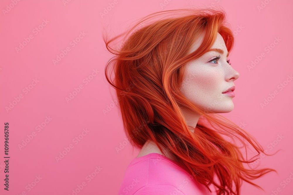 Fototapeta premium A woman with red hair and a pink shirt