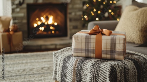 A Plaid Wrapped Christmas Gift Rests Near A Fireplace