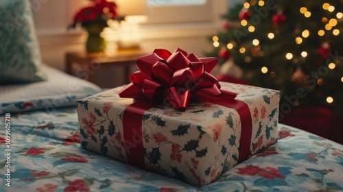 A Christmas gift sits on a bed near a tree