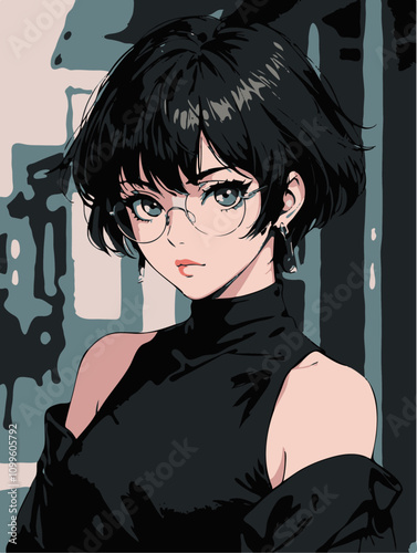 intelligence and elegance portrait of a girl with short black hair and wearing glasses,  retro charm of 80s anime with distinct lines and nostalgic elements, 1980s Japanese anime girl line art style