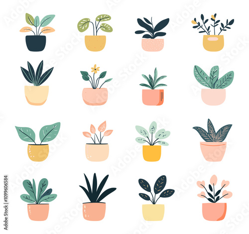 Cute Flowerpots Flat Vector Set White Background Bright Colors Fun Design Gardening Art Playful Graphics Design Plant Containers Collection Decorative Pots Icons