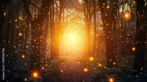 Mystical Magic Forest Illuminated by Bright Orange Light Amidst Dark Shadows, Enchanting and Ethereal Atmosphere of Fantasy. photo