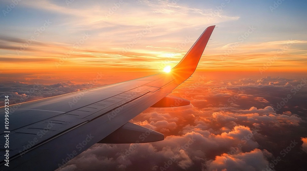 Obraz premium The wings of an airplane and the beautiful sunrise or sunset from a window seat evoke feelings of travel and freedom, which is another form of transportation.