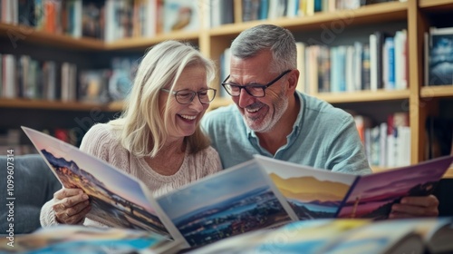 Elderly couple feel happy while looking at travel brochure for retirement planning.