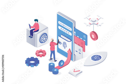 Mobile wallet app 3d isometric concept in geometry graphic design for web. People login with fingerprint scan to banking account with digital credit card, managing own finance. Vector illustration.