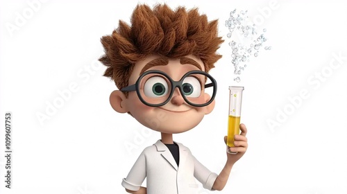 A young, animated scientist with curly hair wearing glasses and a lab coat, holding a test tube with a bubbling yellow liquid.