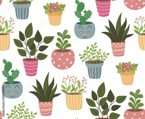 Seamless pattern with house plants in pots. Colorful flat background with cute flowerpots