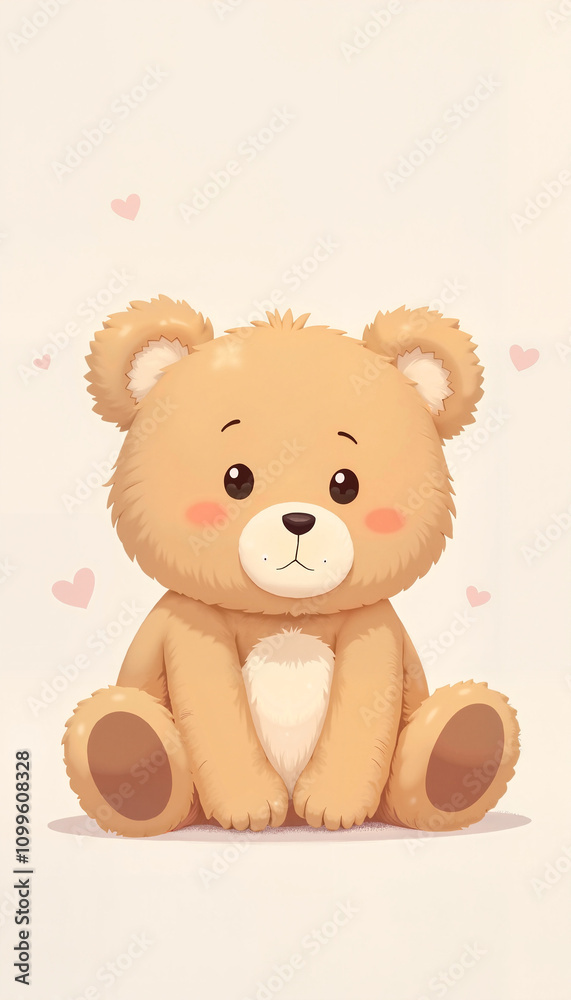 Fototapeta premium Cute Teddy Bear with Blush Cheeks Sitting Calmly, Surrounded by Hearts, on Light Beige Background with Copy Space