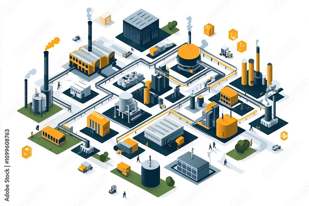 Obraz premium Detailed Isometric of an Industrial Production Complex with Various Facilities and Logistics