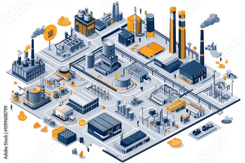 Detailed Isometric of an Industrial Production Complex with Various Facilities and Processes photo