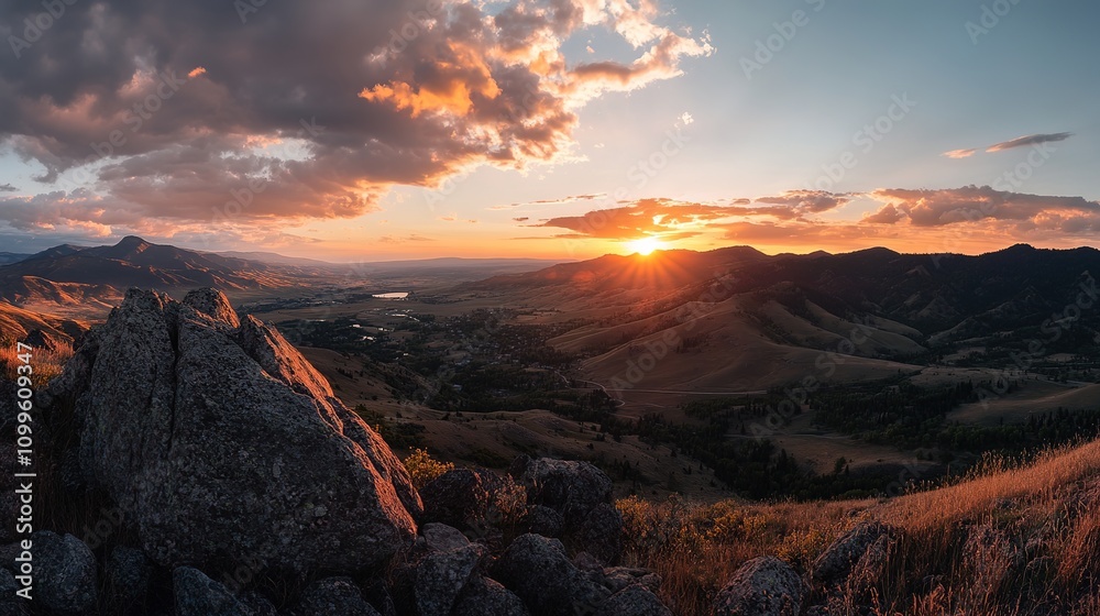 Fototapeta premium Breathtaking Sunset View from a Mountain Peak Overlooking a Scenic Valley with Vibrant Colors and Serene Landscape.